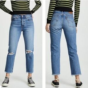 NEW Levis Wedgie Straight Jeans Raw Cuff Ripped Button Fly Size 24